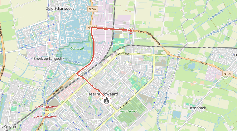 Kaart van de omgeving van de melding, met de kazerne die is gealarmeerd