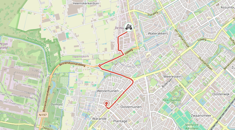 Kaart van de omgeving van de melding, met de kazerne die is gealarmeerd