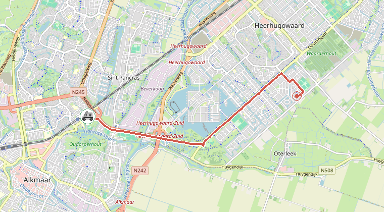 Kaart van de omgeving van de melding, met de kazerne die is gealarmeerd