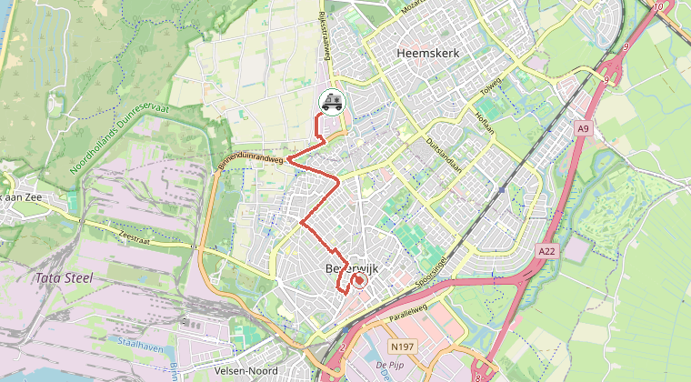 Kaart van de omgeving van de melding, met de kazerne die is gealarmeerd