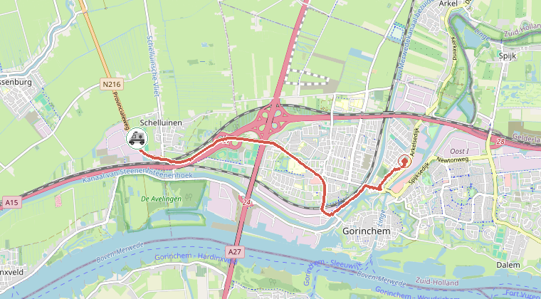 Kaart van de omgeving van de melding, met de kazerne die is gealarmeerd