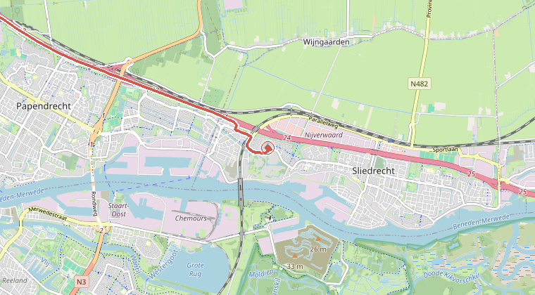 Kaart van de omgeving van de melding, met de kazerne die is gealarmeerd