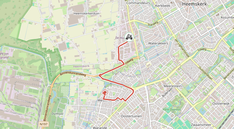 Kaart van de omgeving van de melding, met de kazerne die is gealarmeerd