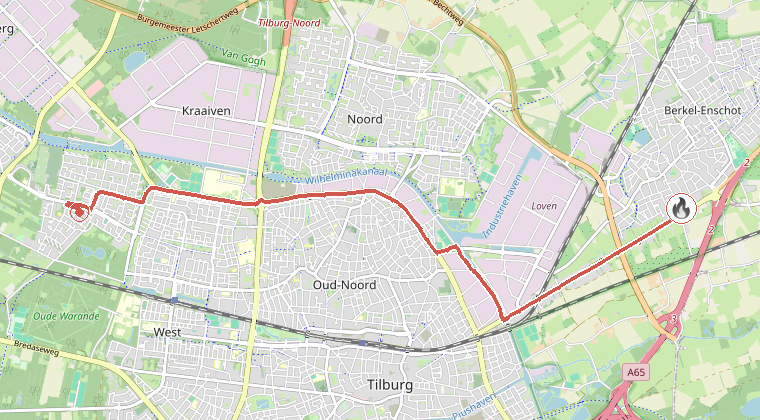 Kaart van de omgeving van de melding, met de kazerne die is gealarmeerd