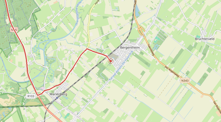 Kaart van de omgeving van de melding, met de kazerne die is gealarmeerd