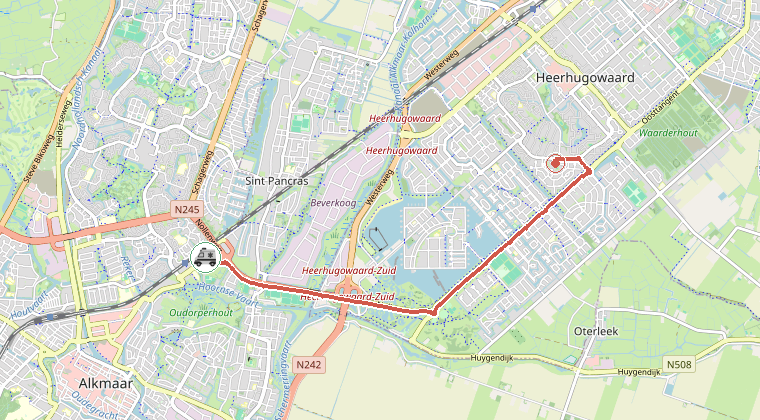 Kaart van de omgeving van de melding, met de kazerne die is gealarmeerd