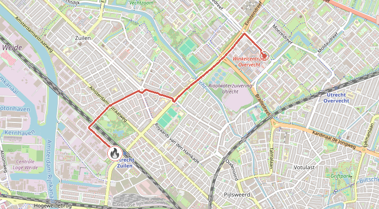 Kaart van de omgeving van de melding, met de kazerne die is gealarmeerd
