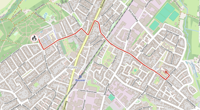Kaart van de omgeving van de melding, met de kazerne die is gealarmeerd