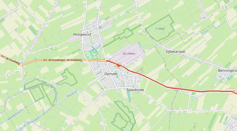 Kaart van de omgeving van de melding, met de kazerne die is gealarmeerd