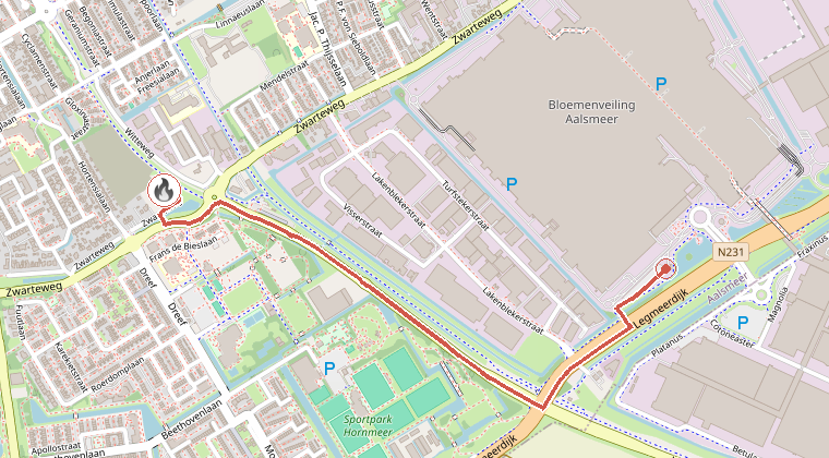 Kaart van de omgeving van de melding, met de kazerne die is gealarmeerd