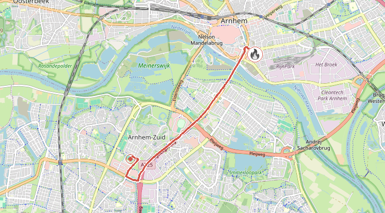 Kaart van de omgeving van de melding, met de kazerne die is gealarmeerd