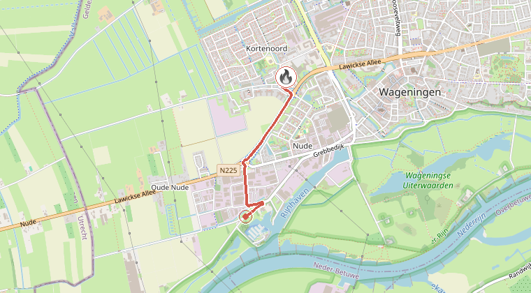 Kaart van de omgeving van de melding, met de kazerne die is gealarmeerd