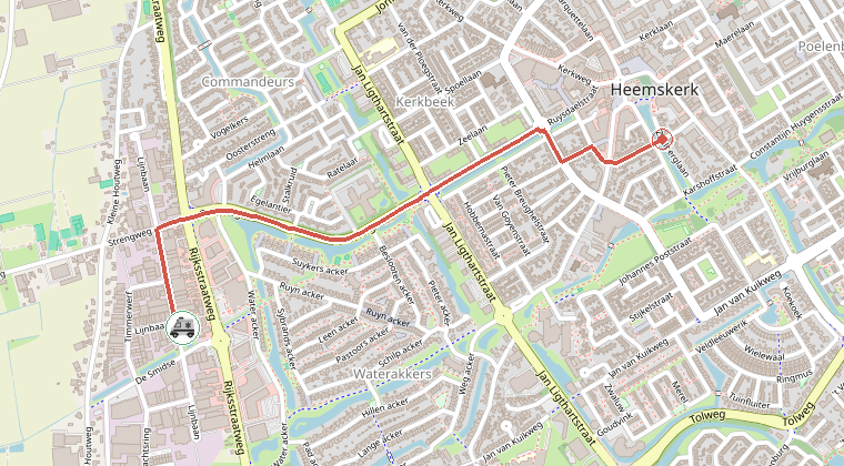 Kaart van de omgeving van de melding, met de kazerne die is gealarmeerd
