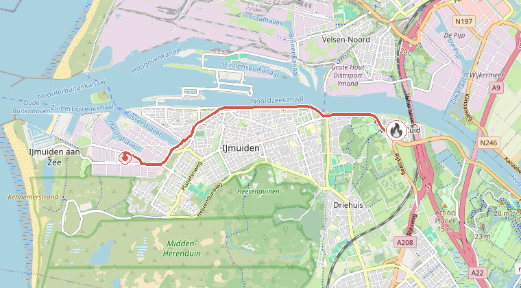 Kaart van de omgeving van de melding, met de kazerne die is gealarmeerd