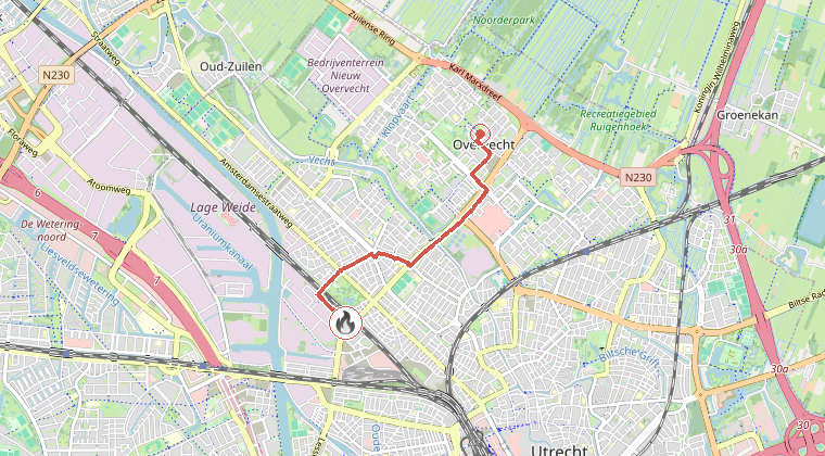 Kaart van de omgeving van de melding, met de kazerne die is gealarmeerd