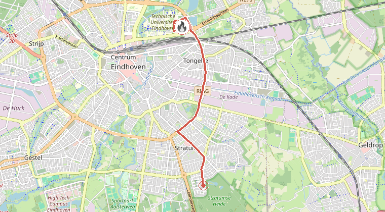 Kaart van de omgeving van de melding, met de kazerne die is gealarmeerd