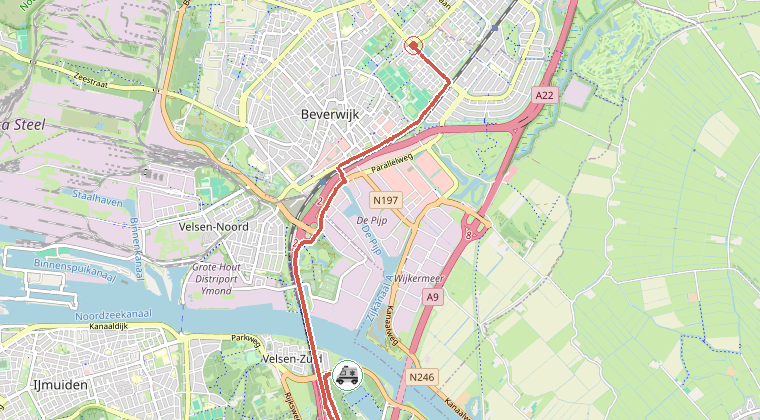 Kaart van de omgeving van de melding, met de kazerne die is gealarmeerd