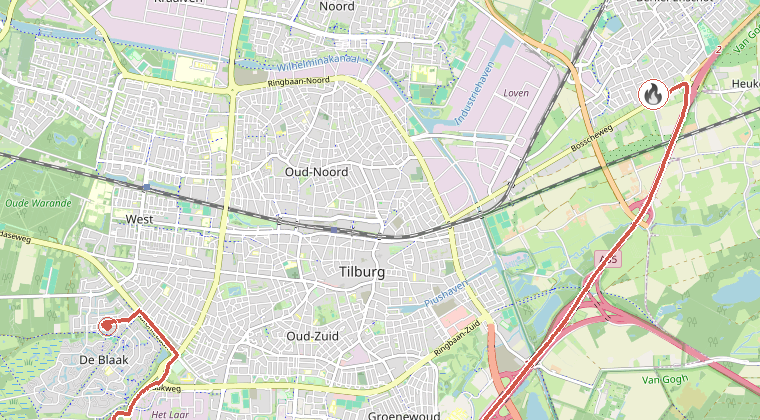 Kaart van de omgeving van de melding, met de kazerne die is gealarmeerd