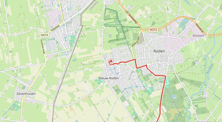 Kaart van de omgeving van de melding, met de kazerne die is gealarmeerd