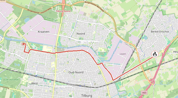 Kaart van de omgeving van de melding, met de kazerne die is gealarmeerd
