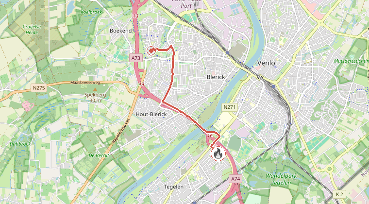 Kaart van de omgeving van de melding, met de kazerne die is gealarmeerd