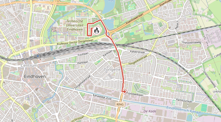 Kaart van de omgeving van de melding, met de kazerne die is gealarmeerd