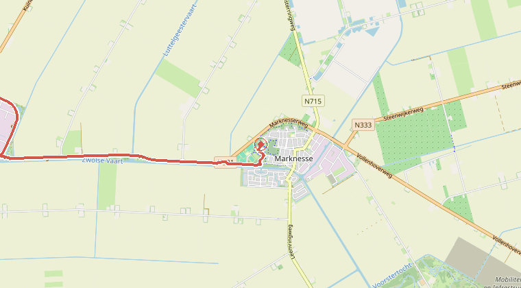 Kaart van de omgeving van de melding, met de kazerne die is gealarmeerd
