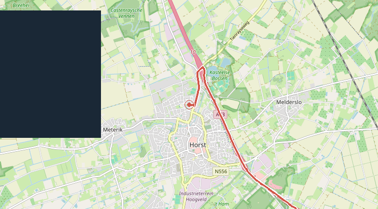 Kaart van de omgeving van de melding, met de kazerne die is gealarmeerd