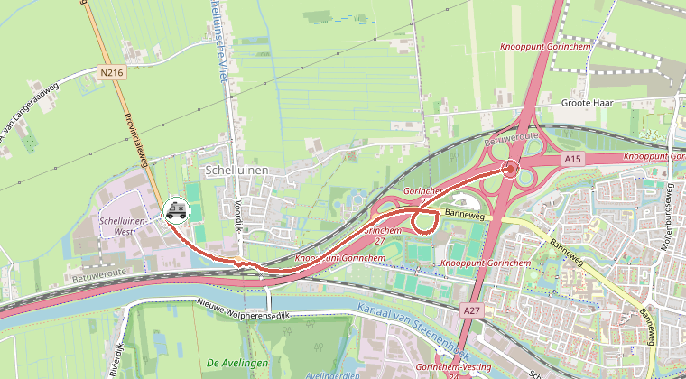Kaart van de omgeving van de melding, met de kazerne die is gealarmeerd