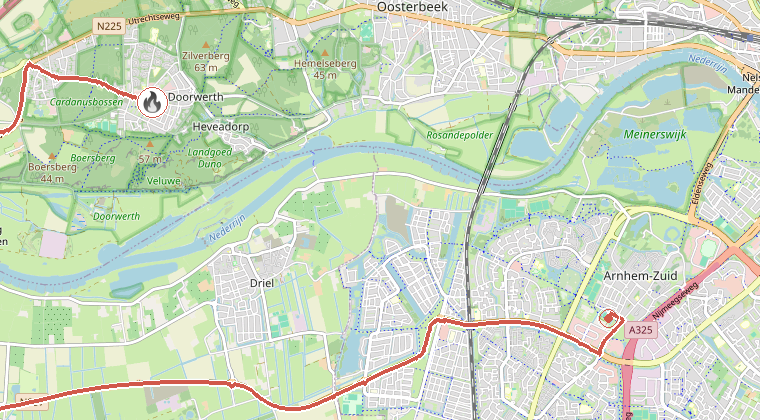 Kaart van de omgeving van de melding, met de kazerne die is gealarmeerd