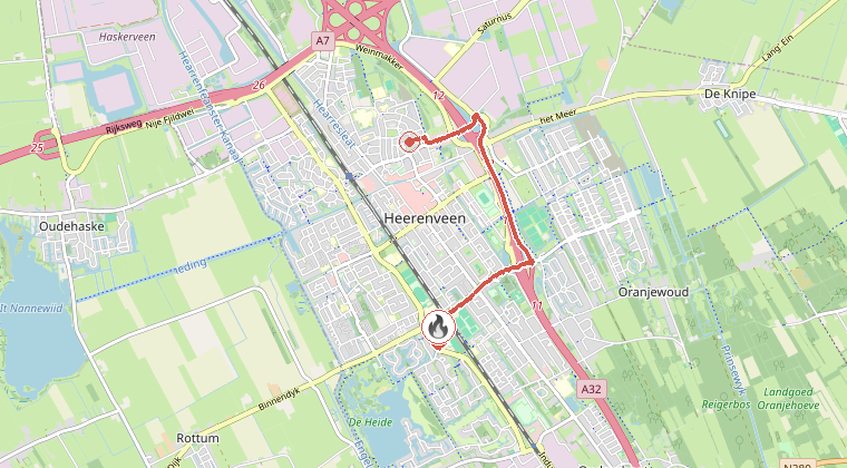 Kaart van de omgeving van de melding, met de kazerne die is gealarmeerd