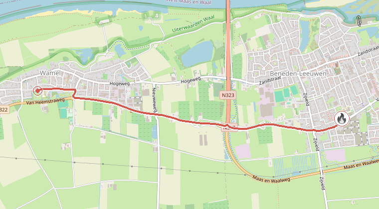 Kaart van de omgeving van de melding, met de kazerne die is gealarmeerd