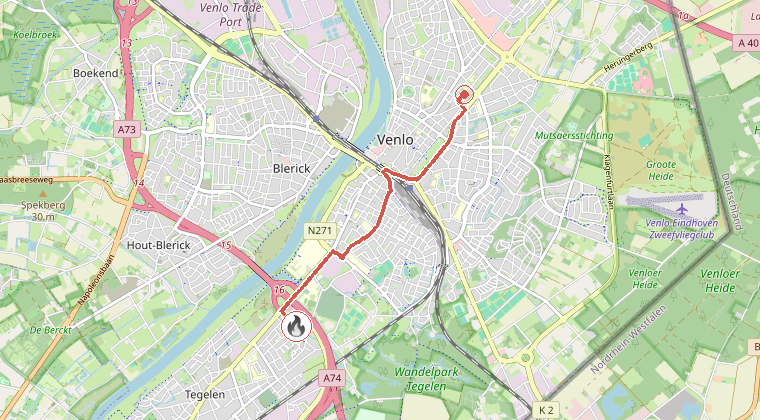 Kaart van de omgeving van de melding, met de kazerne die is gealarmeerd