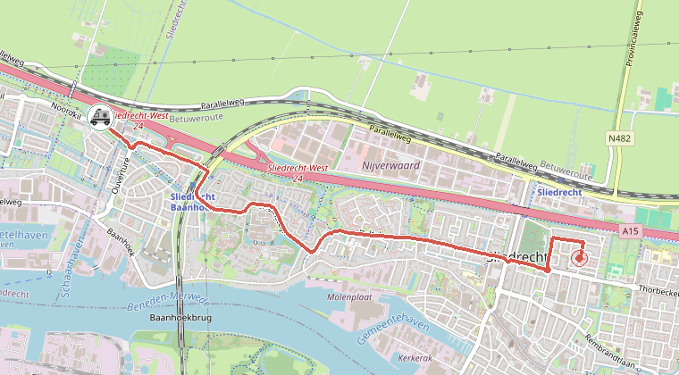 Kaart van de omgeving van de melding, met de kazerne die is gealarmeerd