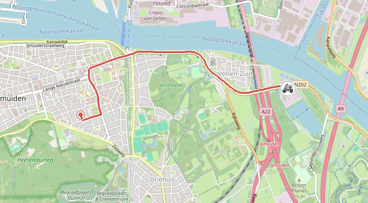 Kaart van de omgeving van de melding, met de kazerne die is gealarmeerd