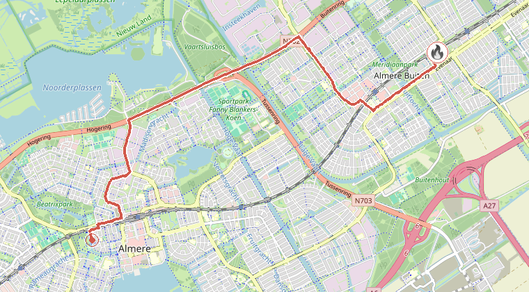 Kaart van de omgeving van de melding, met de kazerne die is gealarmeerd