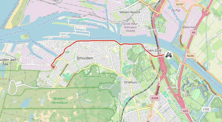Kaart van de omgeving van de melding, met de kazerne die is gealarmeerd