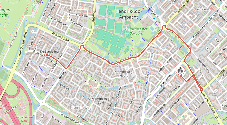 Kaart van de omgeving van de melding, met de kazerne die is gealarmeerd