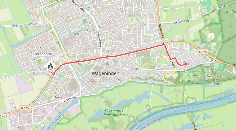 Kaart van de omgeving van de melding, met de kazerne die is gealarmeerd