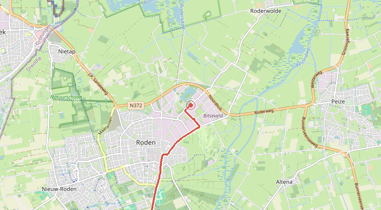 Kaart van de omgeving van de melding, met de kazerne die is gealarmeerd
