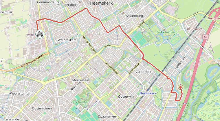 Kaart van de omgeving van de melding, met de kazerne die is gealarmeerd