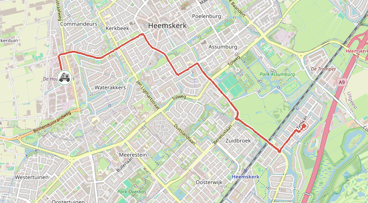 Kaart van de omgeving van de melding, met de kazerne die is gealarmeerd