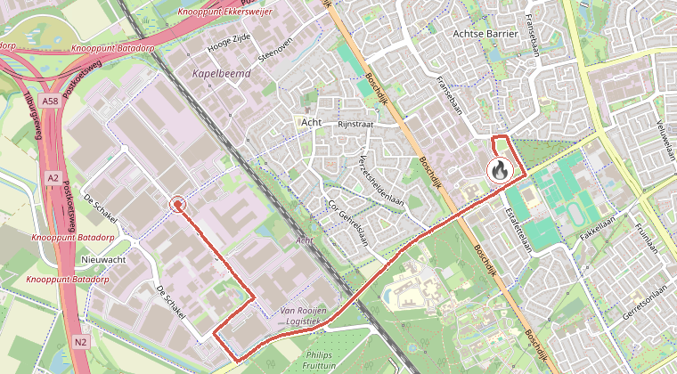 Kaart van de omgeving van de melding, met de kazerne die is gealarmeerd