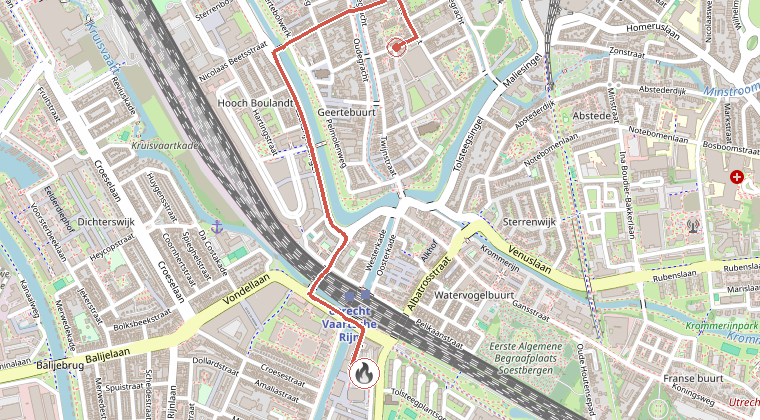 Kaart van de omgeving van de melding, met de kazerne die is gealarmeerd