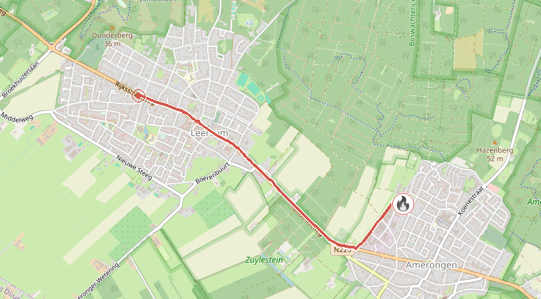 Kaart van de omgeving van de melding, met de kazerne die is gealarmeerd