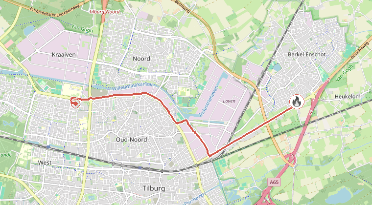 Kaart van de omgeving van de melding, met de kazerne die is gealarmeerd