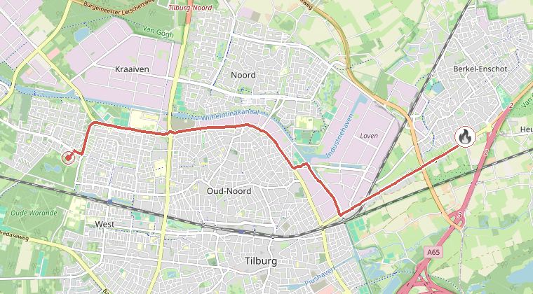 Kaart van de omgeving van de melding, met de kazerne die is gealarmeerd