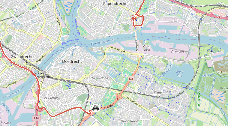 Kaart van de omgeving van de melding, met de kazerne die is gealarmeerd