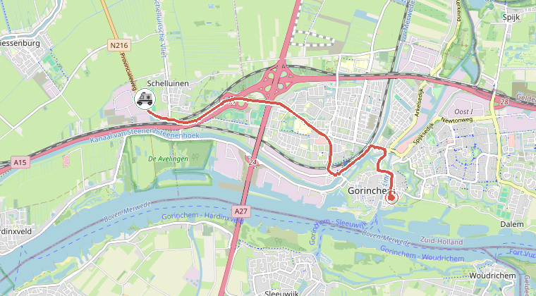Kaart van de omgeving van de melding, met de kazerne die is gealarmeerd