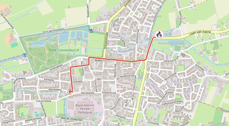 Kaart van de omgeving van de melding, met de kazerne die is gealarmeerd